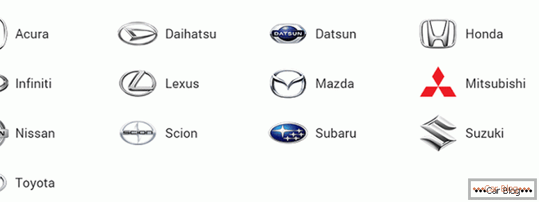 каде да ги пронајдете сите брендови на јапонски автомобили и нивните икони со имињата и фотографиите